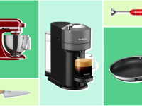 A selection of the best kitchen gifts including a Hedley & Bennett Chef's Knife, a Nespresso coffee maker, HexClad pan, and a Galanz Immersion Blender on a green background.