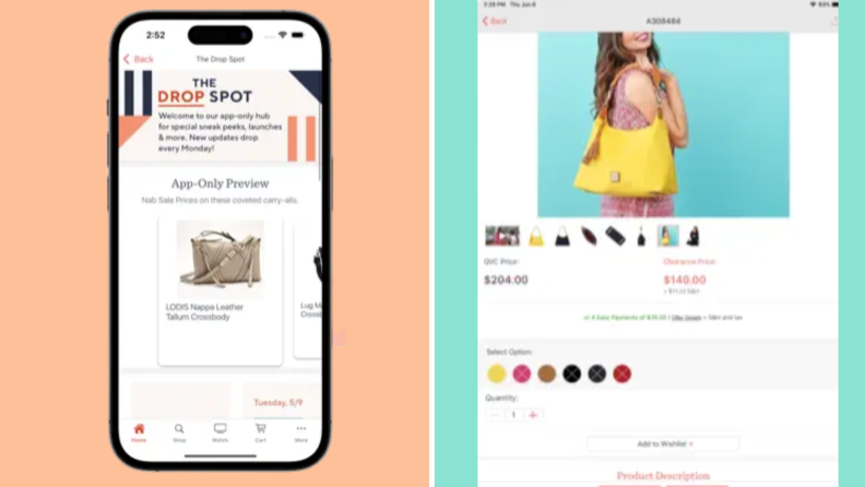 An image of a phone with the QVC app home page pulled up, alongside a screenshot of possible deals.