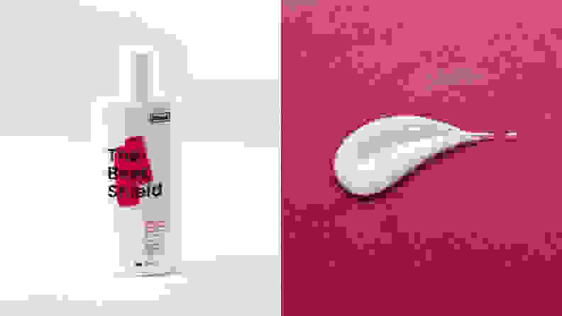 Left: A white bottle is labeled "The Beet Shield Antioxidant Day Fluid." Right: A bit of the white fluid has been squeezed onto a magenta surface.