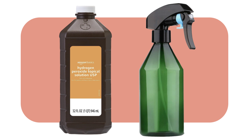 Product shots of green plant mister spray bottle with black dispenser top next to brown rectangular bottle of Hydrogen Peroxide Topical Solution in front of pink background.
