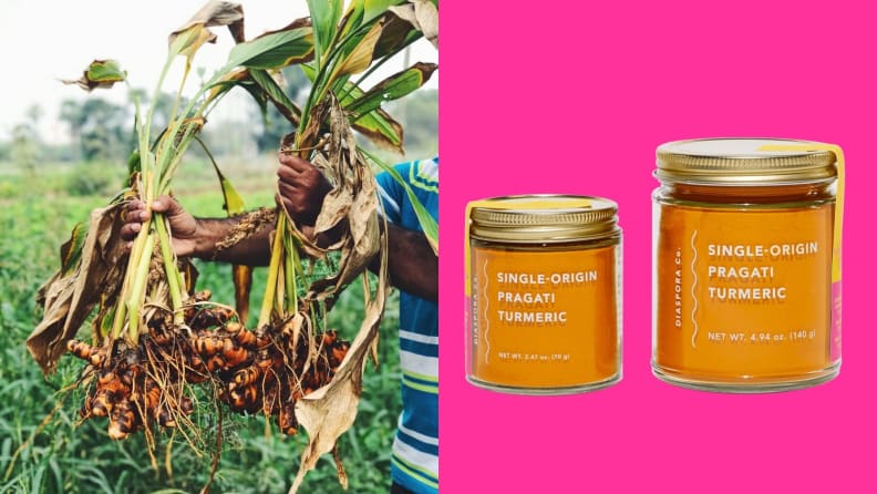 Left: A person hold turmeric that was just harvested. Right: Two jars of bright orange turmeric against a pink background.