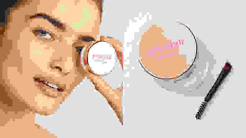 On the left: A model holding a round jar of eyebrow gel up to their eye to reveal its gold lid. On the right: A photo taken above a clear and gold jar containing clear eye brow gel and a spoolie brush next to the jar.