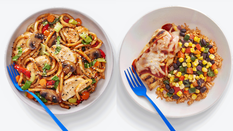 Left: Blue Apron udon noodles in a bowl; right: Blue Apron chicken and rice in a bowl.