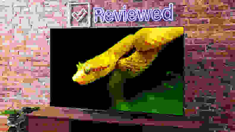 An image of a snake displayed on an LG C2 OLED sitting on a wooden table in front of a brick wall with a Reviewed neon sign.