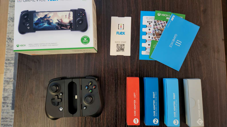 The Gamevice Flex unboxed alongside the included accessories.