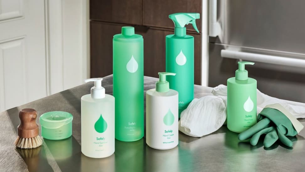 Cleaning products in green bottles.