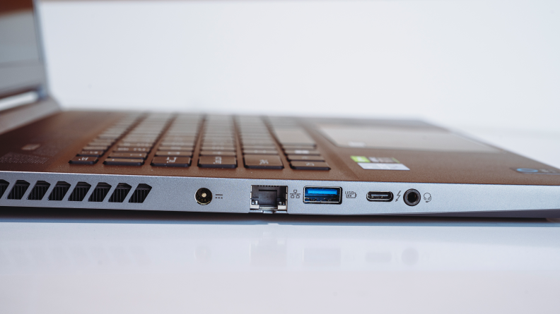 A side view of the laptop's ports.