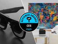 A composite image featuring the XREAL One Pro smart glasses on the left and a colorful abstract digital art display being projected on a wall on the right, with a woman interacting with the projection device, highlighted by a "CES 2025 Reviewed Awards" badge in the center.