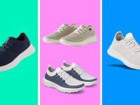 Colorful collage of popular sneakers featured in the Allbirds sale, including lightweight knit and wool styles for summer.