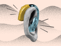 Graphic of ear with gold and blue BTE hearing aid