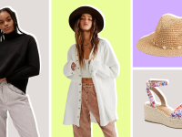Models on left and middle rocking long-sleeved shirt and cardigan and pants. On right, straw hat and floral espadrille wedge heel.