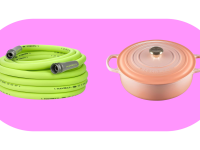 Green garden hose and peach Dutch oven on a pink pillbox color block