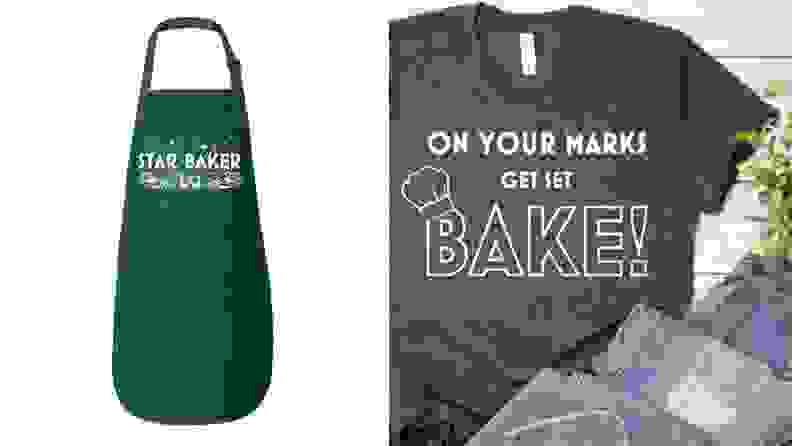 Left: A green cooking apron reads, "Star baker." Right: A t-shirt says, "On your marks, get set, bake."