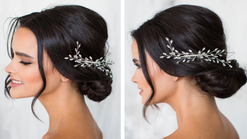 Person wearing Swarovski crystal leave hair accessory in bun.