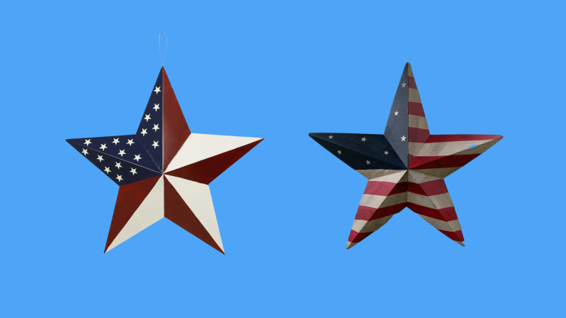 Two American flag barn stars against a blue background.