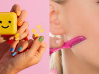 A photo of the Starface Hydrostars next to a photo of the Schick Silk Touch-Up Multipurpose Exfoliating Dermaplaning Tool.