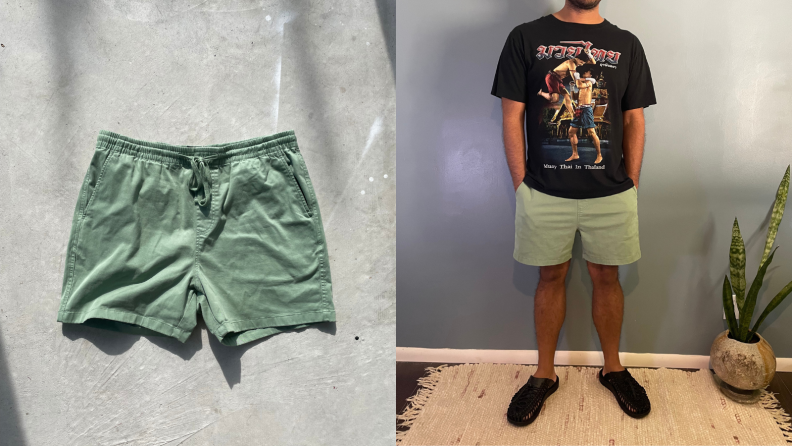 green pair of Todd Snyder shorts, man wearing 5-inch inseam weekender shorts by Todd Snyder