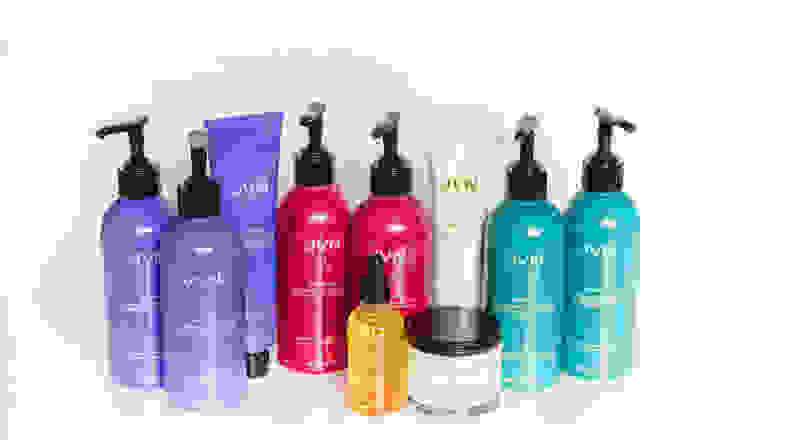 A colorful line of hair products.