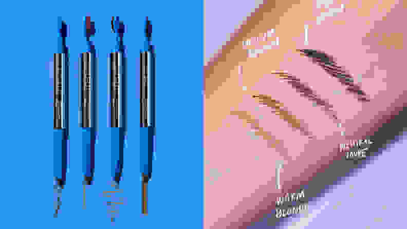 On the left: Four tubes of the Item Beauty Brow Chow eyebrow pencil lay uncapped on a blue background. On the right: An arm is stretched out with four shades of the Brow Chow swatched onto the arm and made to look like eyebrows.