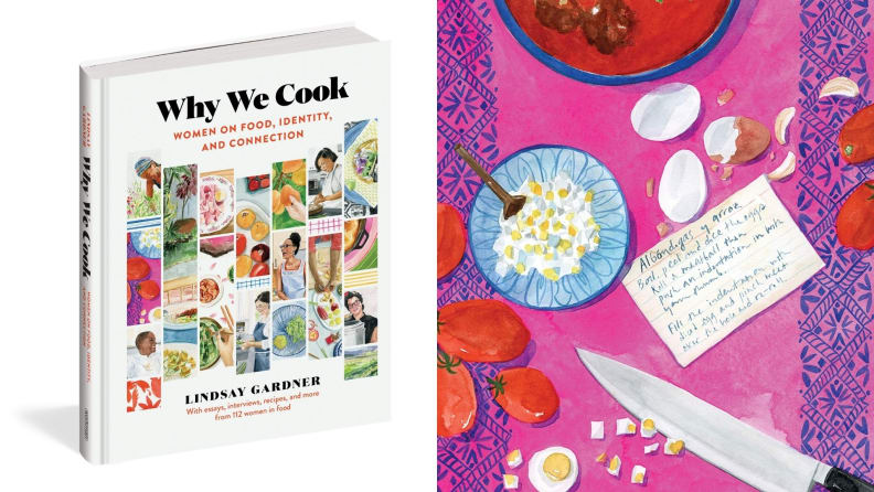Left: A photo of the cookbook, Why We Cook. Right: An illustration of ingredients being prepped for cooking.