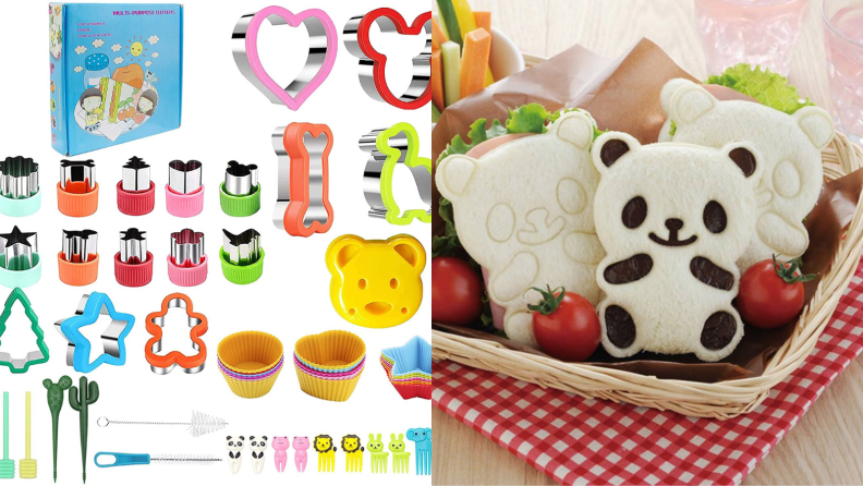 On the left, a set of sandwich cutters in the shapes of heart, animals, and other cute objects. on the right, three panda-shaped sandwiches are in a wicker basket with tomatoes.