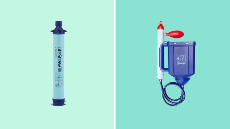 A side-by-side image of a Lifestraw personal water filter and the LifeStraw Family 1.0 Portable Gravity Powered Water Purifier.
