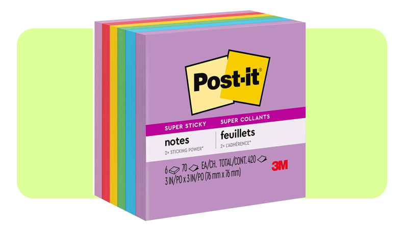 Stack of multi-colored Post-It sticky notes.