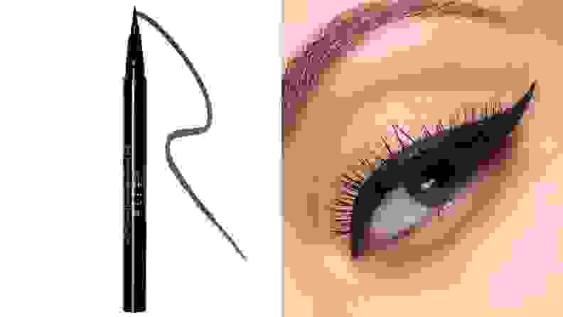 左边是斯蒂拉化妆品公司的黑色眼线笔。右边，眼睛上方有黑色眼线。