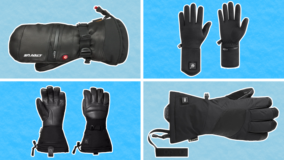 Four different brands of heated gloves on a blue grid background