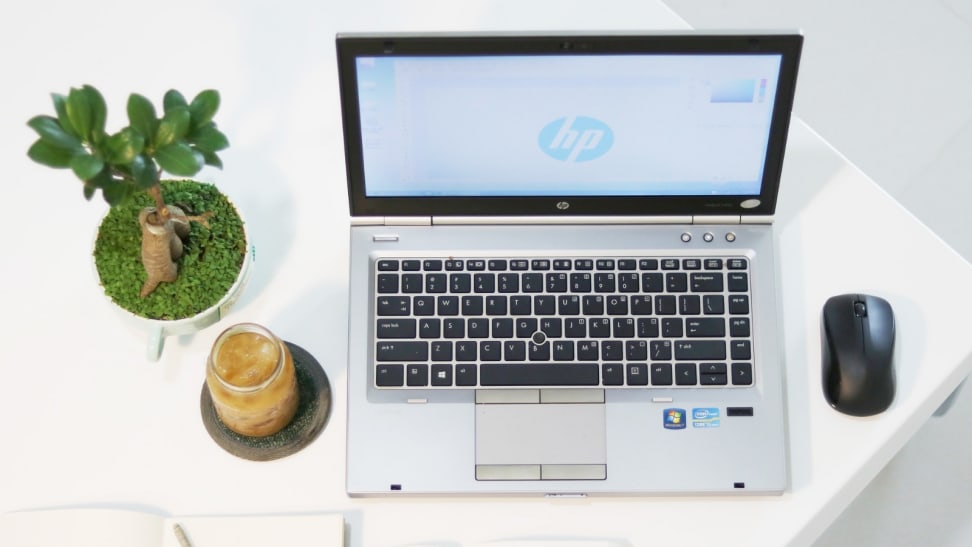 An image of an HP laptop next to some plants and a coffee