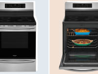 A stainless steel induction range with its oven closed and open.