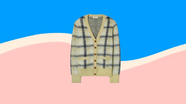 Plaid yellow, white and black fuzzy cardigan.