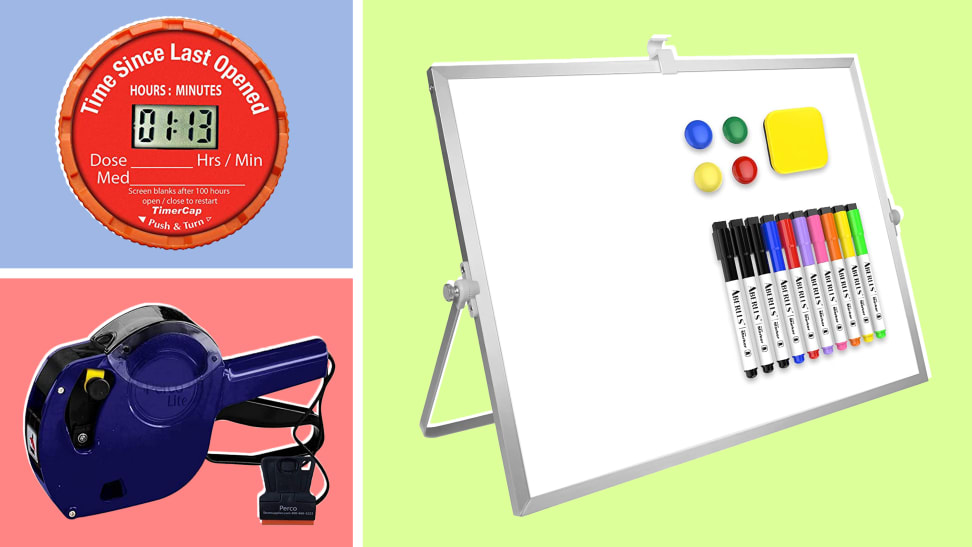 Product shots of the Timercap, the Perco Lite 1 Line Dater Gun and the Aberlls white board with markers.