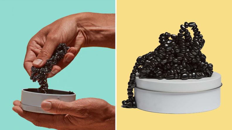 On left, person grabbing magnetic beads in hand. On right, container filled with Speks Crags Magnetic Putty.