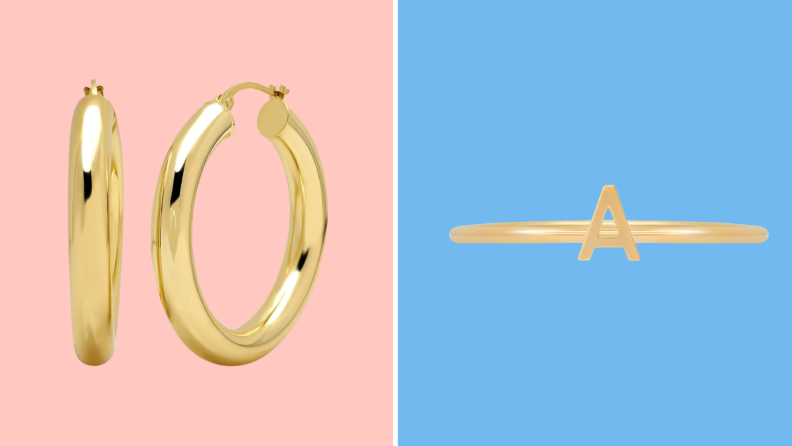 Gold hoop earrings and a gold initial ring.