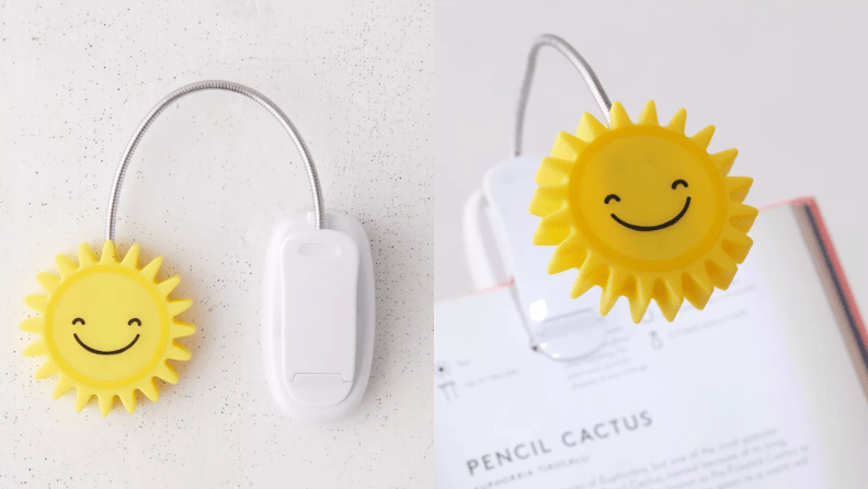 A book light shaped like a sunshine with a smiling face