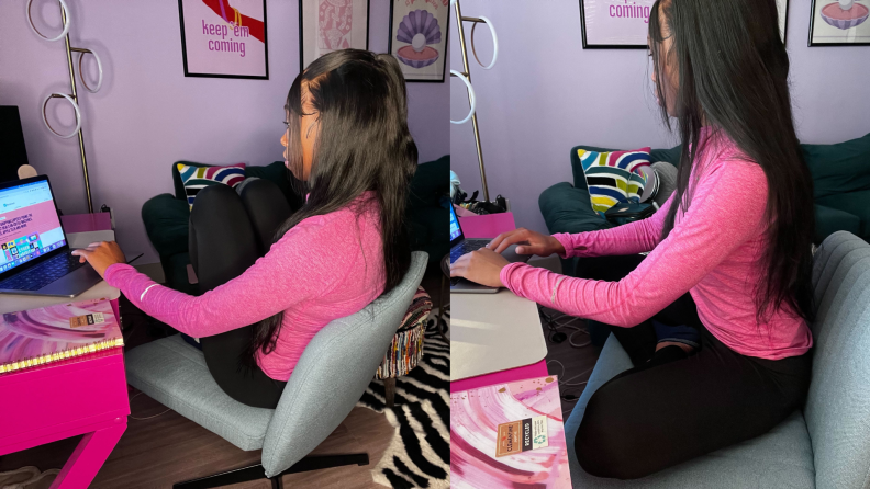 Person sitting in two different seating positions while on top of a blue Pukami Armless Desk Chair working at desk.