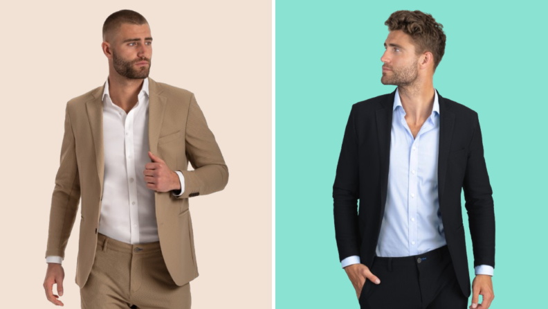 Two models wearing suits, one is khaki-colored and the other is black.