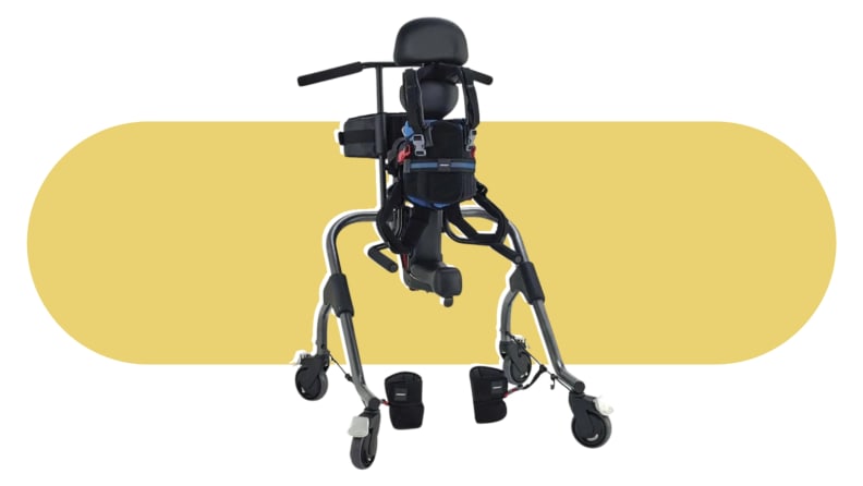 A black MyWay+ Gait Trainer on a yellow background