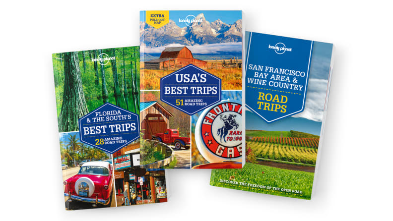 Three Lonely Planet guidebooks exploring the United States.