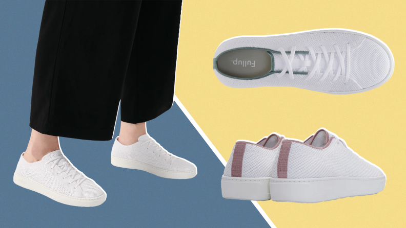 A person wearing FullUp Infinity sneakers and a bottom view of the shoe.
