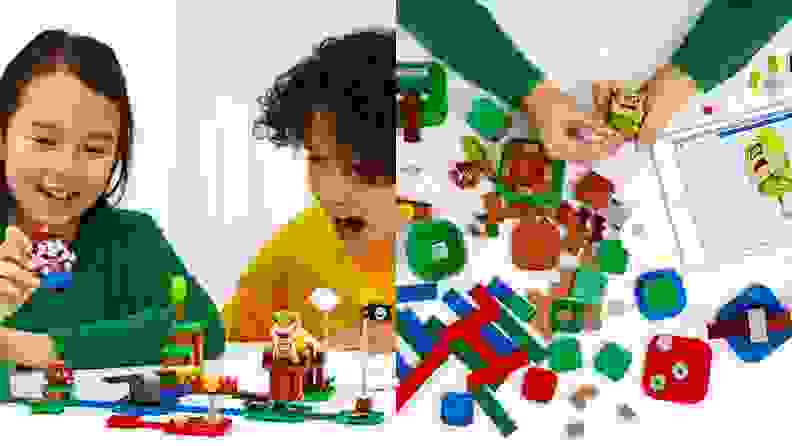 On left, two children playing with Legos together. On right, child's hands playing with Lego set.