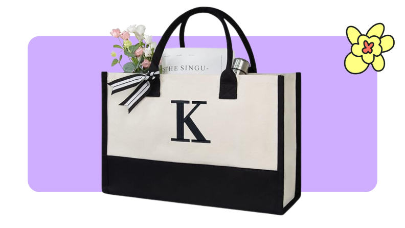 Monogram tote bag in black and white on purple background