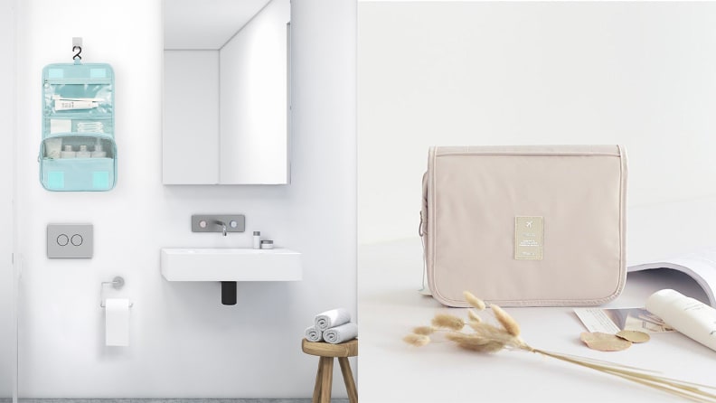 On the left: A blue Mossio cosmetic bag hangs beside a bathroom mirror containing toiletries. On the right: A tan Mossio cosmetic bag sits on a countertop.