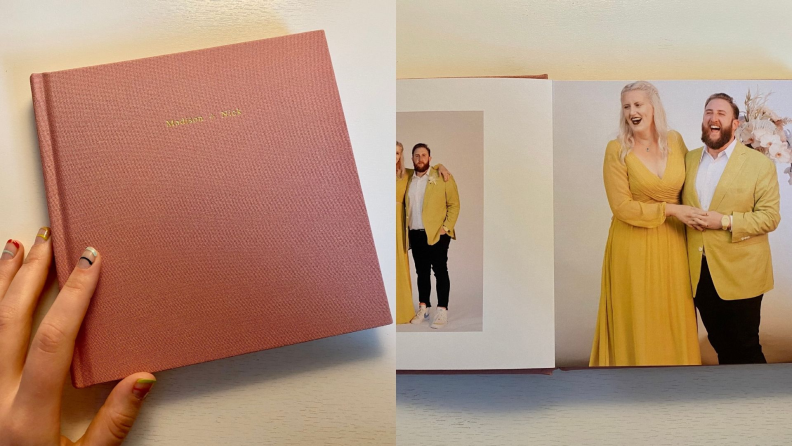 Two photographs of a wedding photo album.