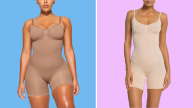 Models wearing a medium-brown shaping bodysuit from Skims and a pale shaping bodysuit from Spanx.