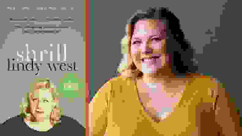 On left, book cover that reads "Shrill: Notes From A Loud Woman." On right, person smiling.