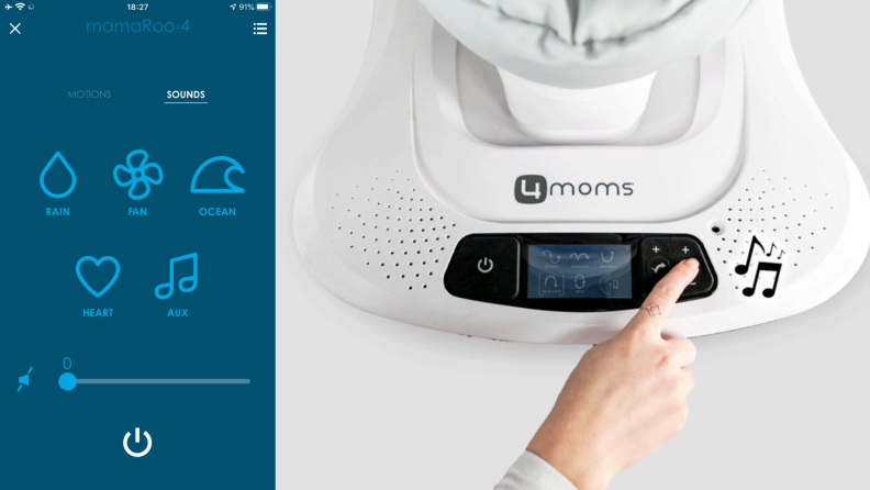 On left, screen shot of 4moms app and its sound setting. On right, person pressing sound on motion baby swing.