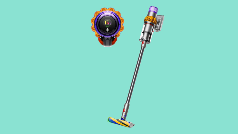 The Dyson V15 Detect cordless vacuum cleaner  on a teal background.