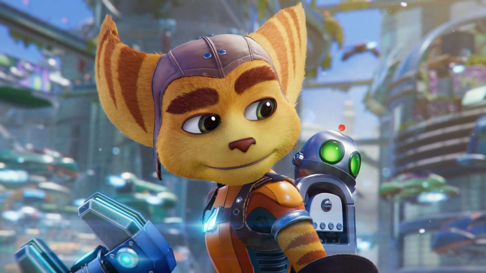 Video-game screenshot featuring Ratchet, a cat-like creature called a lombax, and his robot companion, Clank.